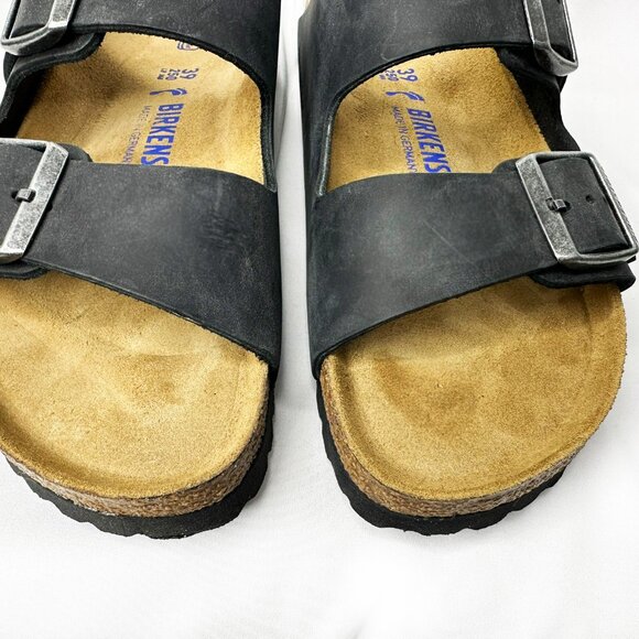Birkenstock Arizona Soft Footbed Leather Sandals EU 39 Narrow W8 Charcoal EUC - Picture 8 of 13